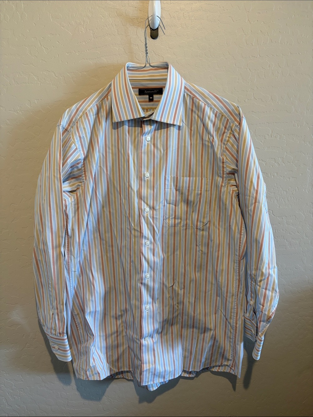 Santorelli Men's Striped Dress Shirt - Blue White Orange Tan